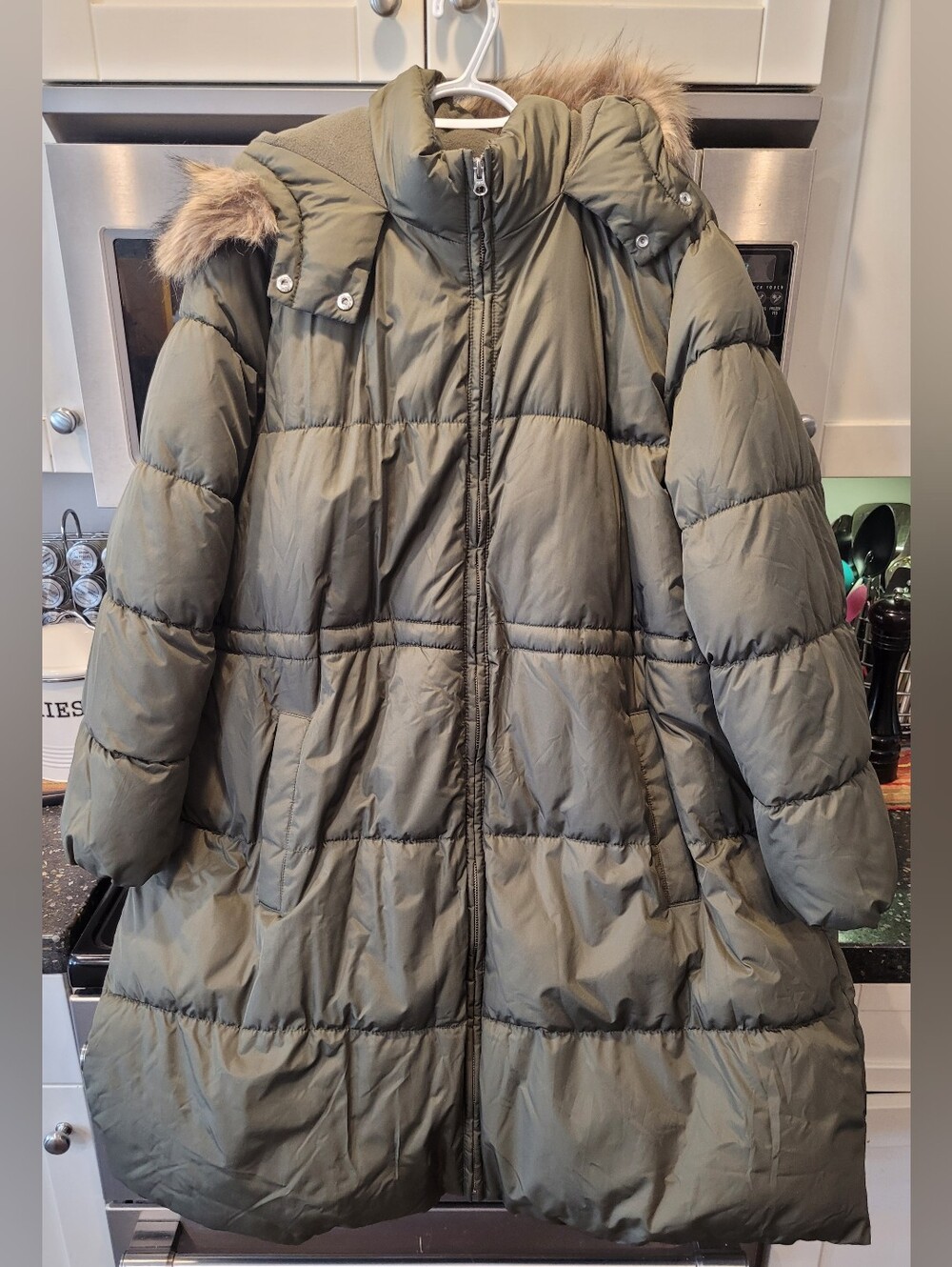 Old Navy Olive Green Long Puffer Coat with Faux Fur Hood